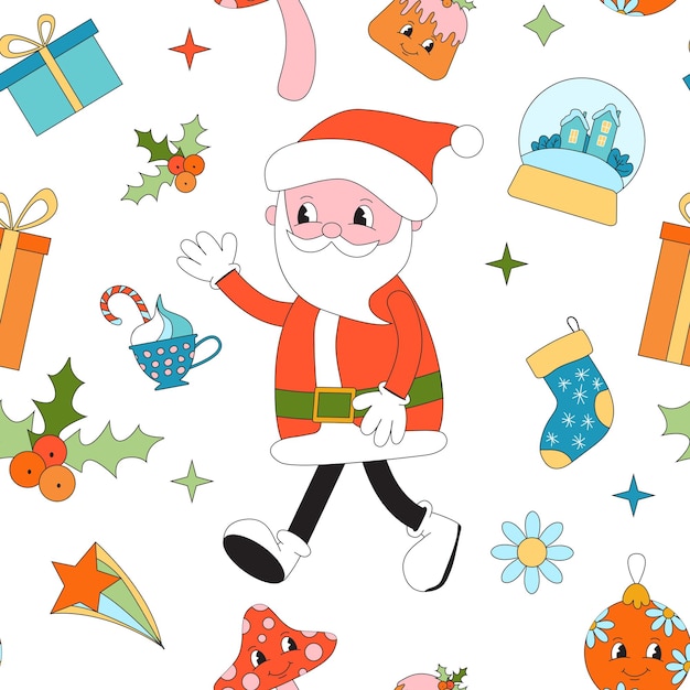 Buon Natale groovy disegno senza cuciture vacanza elementi invernali in stile antica animazione alla moda