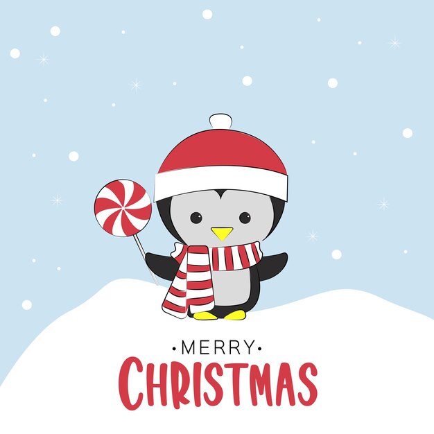 Buon Natale lettering Carino pinguino bambino che tiene un dolce di Natale nelle sue mani e agitando