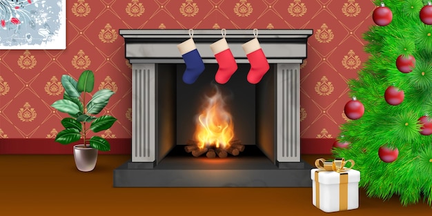 Buon Natale sullo sfondo di Natale con camino e albero Vettore