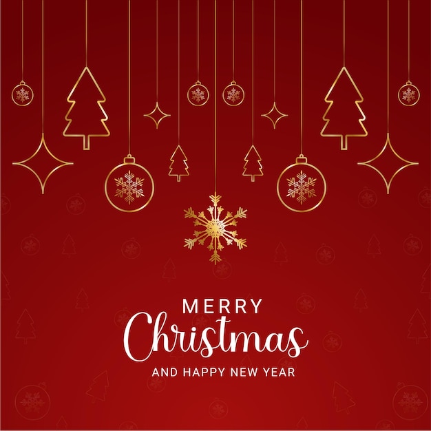 Buon Natale sullo sfondo rosso con stelle dorate e albero con palle dorate