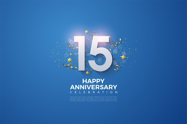 Buon quindicesimo anniversario con festa festiva su sfondo blu.