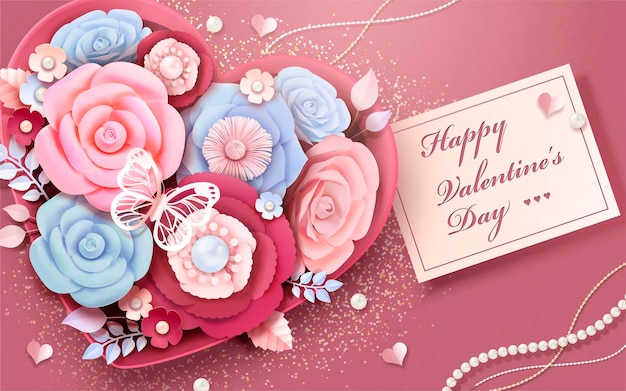 Buon San Valentino biglietto di auguri con fiori di carta in confezione regalo a forma di cuore, 3d'illustrazione