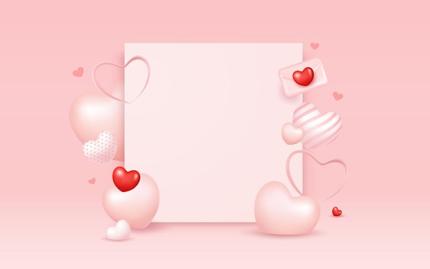 Buon San Valentino, con collezioni di cuori di palloncini colorati, design di banner spazio carta bianca