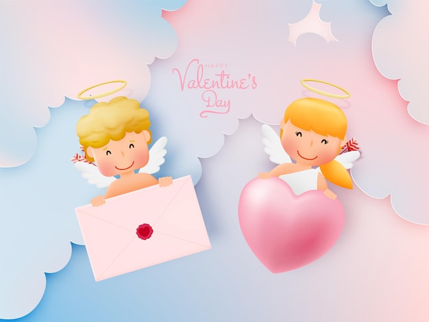Buon San Valentino con cupido carino e illustrazione in stile arte 3d