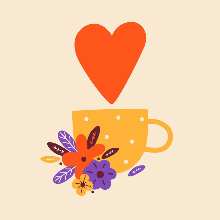 Buon San Valentino. Pozione d'amore. Tazza con tè o caffè. Coppa con cuore rosso e fiori