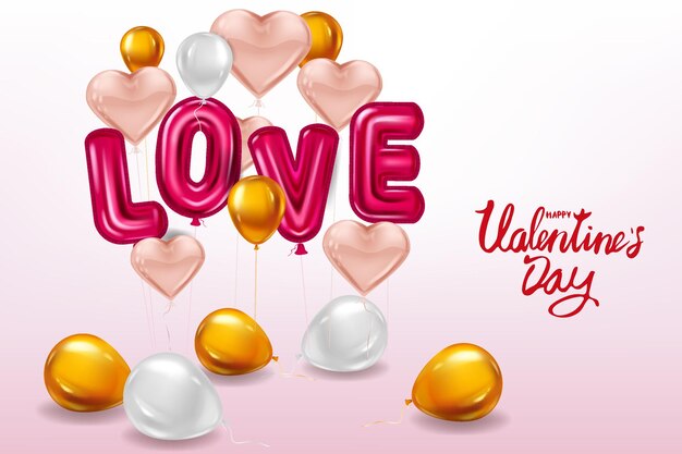 Buon San Valentino, testo realistico di palloncini lucidi metallici di amore elio, palloncini rosa volanti a forma di cuore