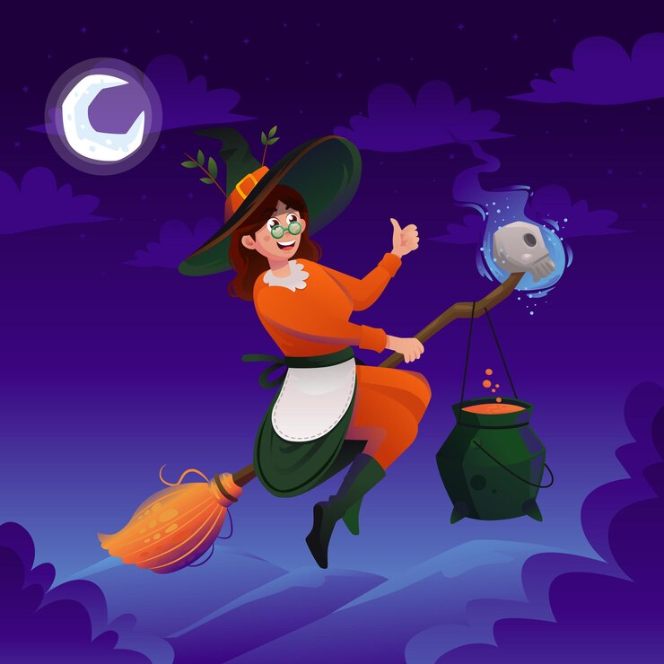 Vettore buona befana strega volare con sfondo notturno
