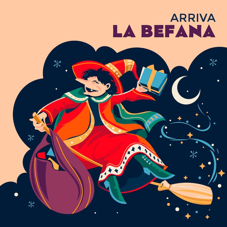 Vettore buona befana sull'illustrazione della vigilia dell'epifania
