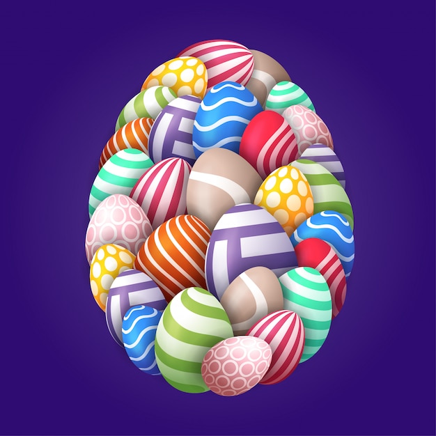 Buona carta di pasqua con uova. Molte belle uova multicolori realistiche sono disposte a forma di uovo grande. illustrazione per pasqua su sfondo purpe.