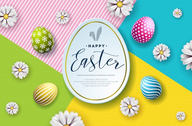 Buona festa di Pasqua con uova dipinte e fiori.