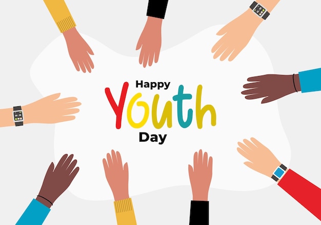 Buona giornata internazionale della gioventù il 12 agosto con nove campagne di diversità disegnate a mano aperte a mano su sfondo grigio bianco