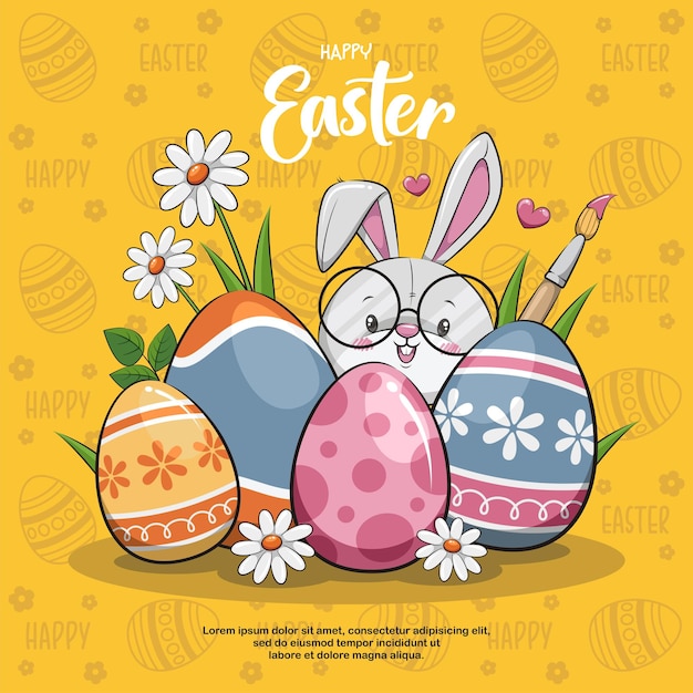 Buona Pasqua Con Coniglietto E Uova Su Sfondo Giallo. Illustrazione sveglia del fumetto