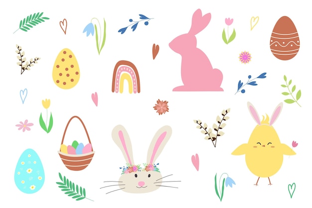 Buona Pasqua Decorazioni pasquali in colori pastello Conigli pollo Uova di Pasqua fiori arcobaleno