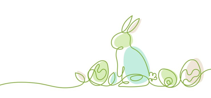 Buona Pasqua, lettere scritte a mano, disegno a righe, uova di coniglio di Pasqua colorate, erba, biglietto di auguri bianco.