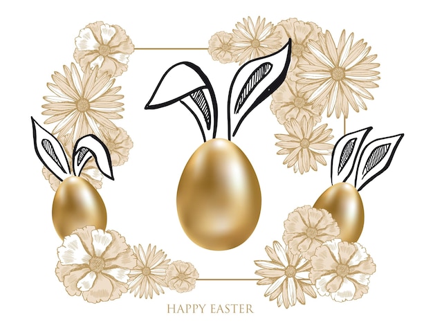 Buona Pasqua Orecchie di coniglio Uova d'oro Stile disegnato a mano