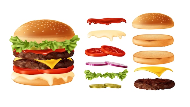 Burger con illustrazione degli ingredienti e set di icone
