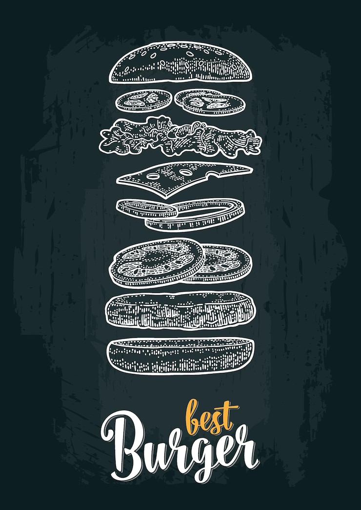 Vettore burger con ingredienti volanti su sfondo bianco vettoriale incisione vintage monocromatica