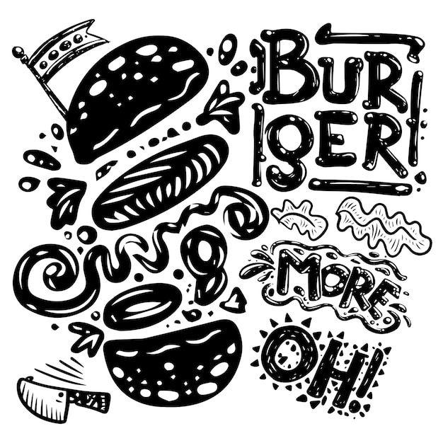 Burger FastFood Menu Schizzo disegnato brutale Immagine vettoriale dei cartoni animati