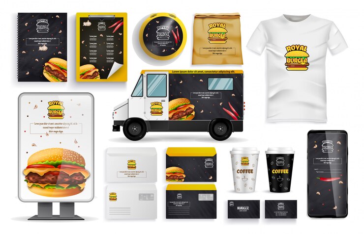 Vettore burger form, delivery vehicle e set di app online