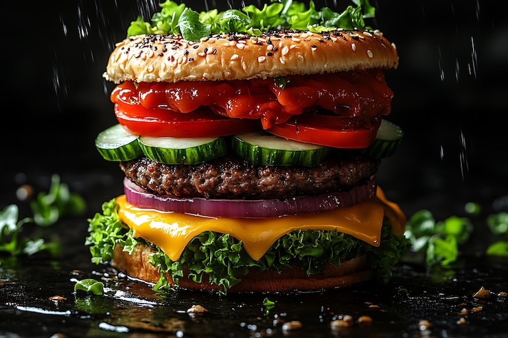 Vettore burger gourmet deliziosamente stratificato con verdure fresche