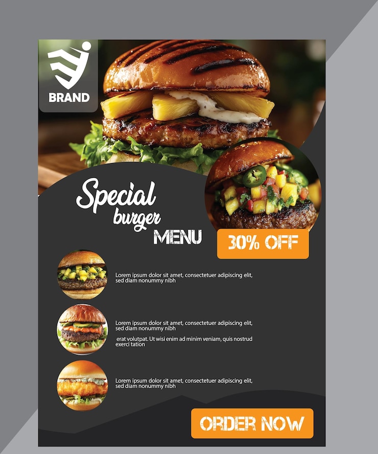 Vettore burger special e tasty food menu flyer template per promozioni e progettazione di marketing di ristoranti