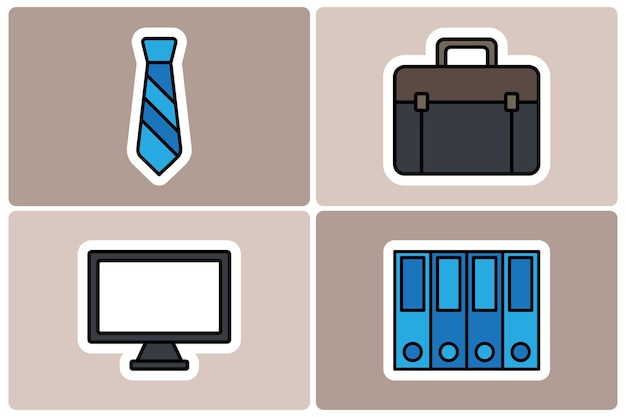 Business and Office Essentials Doodle Icon Sticker Set Tie Briefcase Computer e file