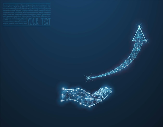 Business arrow up low poly wireframe su una mano Return on the investment chart increases