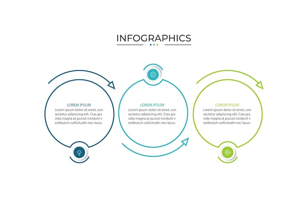 Business infographic processo a linea sottile con disegno di modello a cerchio con icone e 3 opzioni o passaggi
