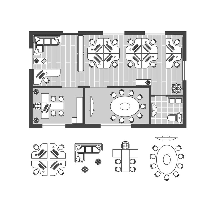 Business Office strega Mobili Schema linea sottile ritmo di lavoro per Cabinet. Vista dall'alto stabilita di interior design. Illustrazione vettoriale