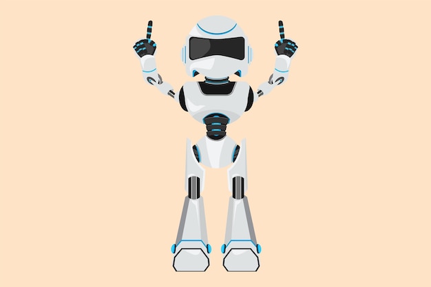 Business piatto disegno robot felice in piedi con entrambe le mani che puntano il dito indice verso l'alto Celebrare la vittoria Robot umanoide organismo cibernetico Futuro sviluppo robotico Cartoon design illustrazione vettoriale