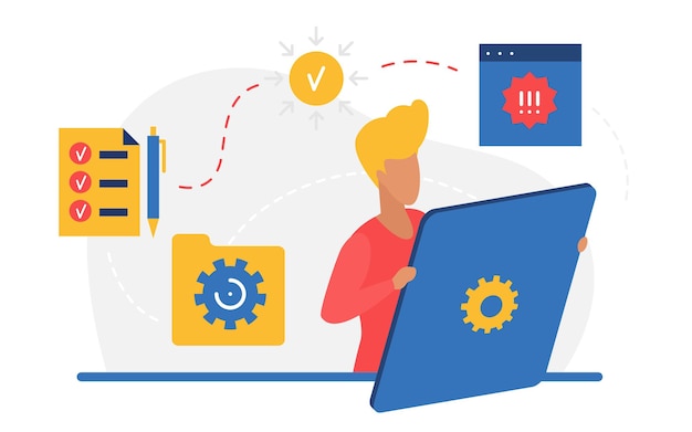Business riuscito pianificazione del lavoro di organizzazione e gestione dell'uomo che tiene in mano un grande tablet