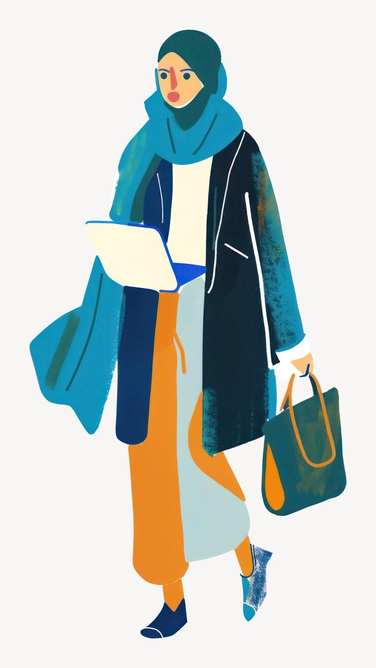 Vettore businessman woman in hijab with laptop style bag professional vector