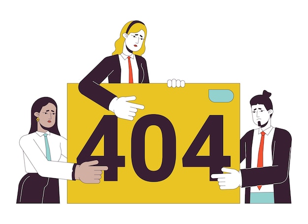 Businesspeople presentazione errore errore 404 messaggio flash Team di dipendenti sconvolto Progettazione dell'interfaccia utente di stato vuoto Pagina non trovata immagine del fumetto popup Concetto di illustrazione piatta vettoriale su sfondo bianco