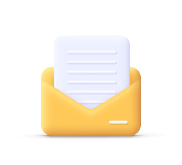 Busta aperta con carta per appunti e-mail Messaggio postale e-mail e-mail documento aziendale corrispondenza concetto 3d icona vettore Stile minimale cartone animato