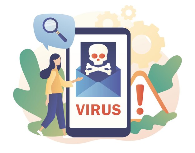 Busta con teschio sullo schermo dello smartphone Virus informatico Attacco hacker e sicurezza web