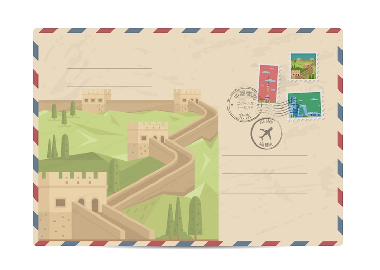 Vettore busta postale vintage con francobolli cinesi