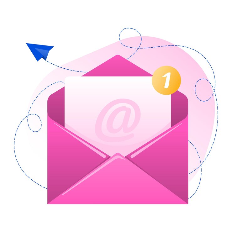 Busta rosa con documento con icona e-mail. Concetto di ricezione del messaggio, iscrizione e-mail. Vettore