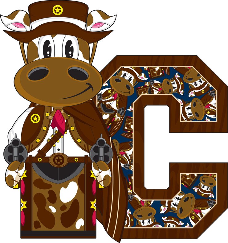 Vettore c sta per cow cowboy sheriff wild west alphabet learning educational illustration