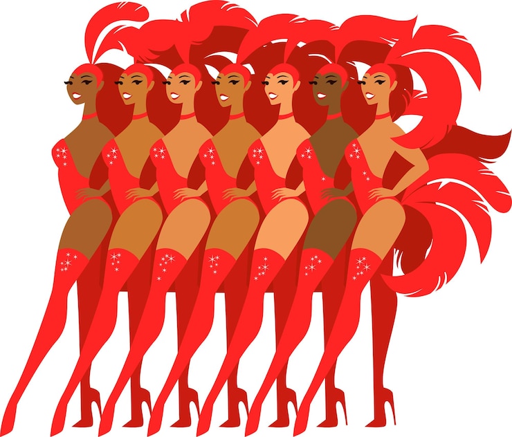 Vettore cabaret mostra ragazze ballerine in costumi da palco scintillanti rossi con piuma in piedi in una fila
