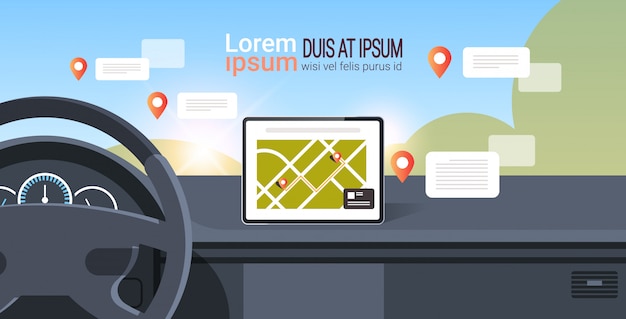 cabina di guida del veicolo con assistenza alla guida intelligente sistema di navigazione gps per computer dell'automobile sullo schermo del cruscotto interno moderno dell'automobile multimediale