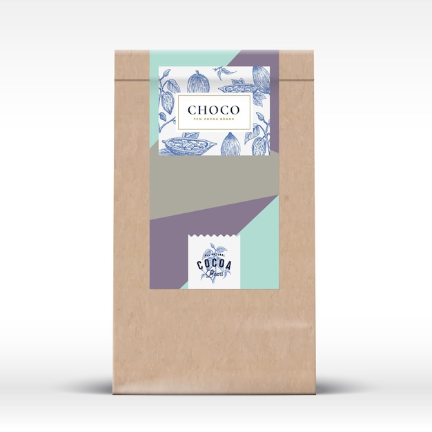 Cacao cioccolato artigianale sacchetto di carta etichetta del prodotto Abstract Vector Packaging Design Layout con ombre realistiche tipografia moderna e fave di cacao disegnate a mano Branch Silhouette