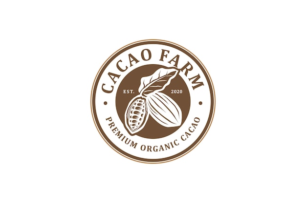 Cacao farm cacao logo design frutta biologica con foglia emblema distintivo stile