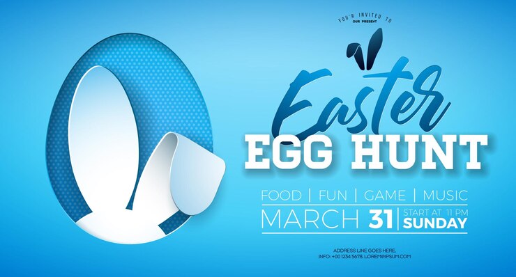 Vettore caccia alle uova di pasqua illustrazione con uova e fiori dipinti su sfondo blu vector party flyer