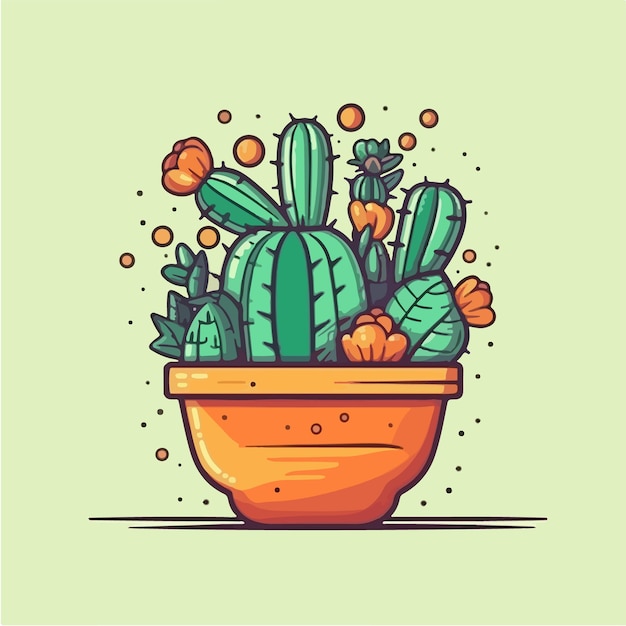 Cactus in una pentola con fiori rossi su sfondo verde illustrazione arte vettoriale