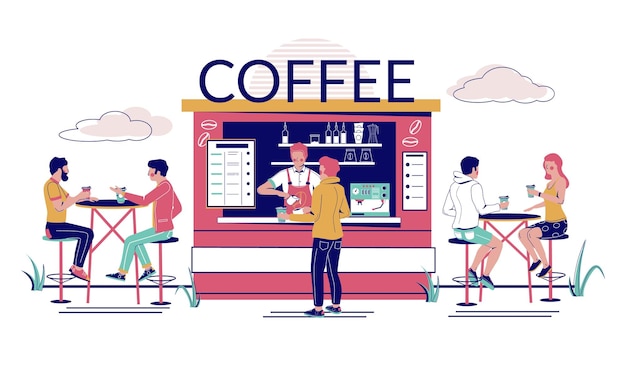 Cafè di strada con barista che prepara caffè per l'uomo e i visitatori seduti ai tavoli illustrazione piana vettoriale Terrazza di ristorante di caffetteria all'aperto concetto per pagina web banner