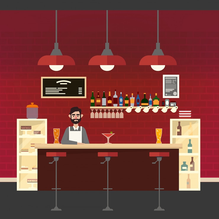 Vettore cafe interior with barman