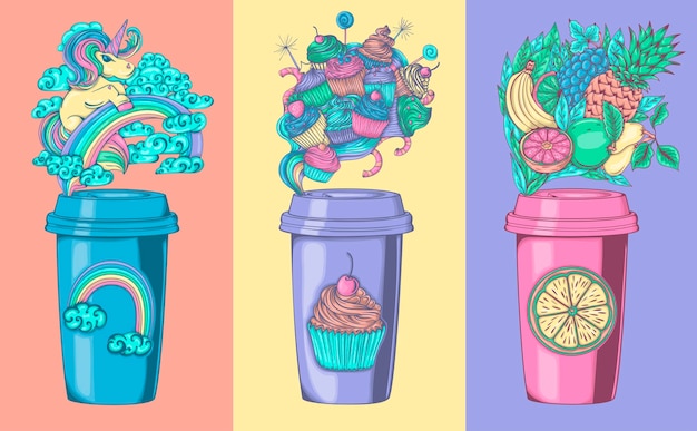 Caffè all'unicorno. Aromatizzato Arcobaleno. Torte al caffè. Dolce umore. Caffè fruttato. Illustrazione a colori