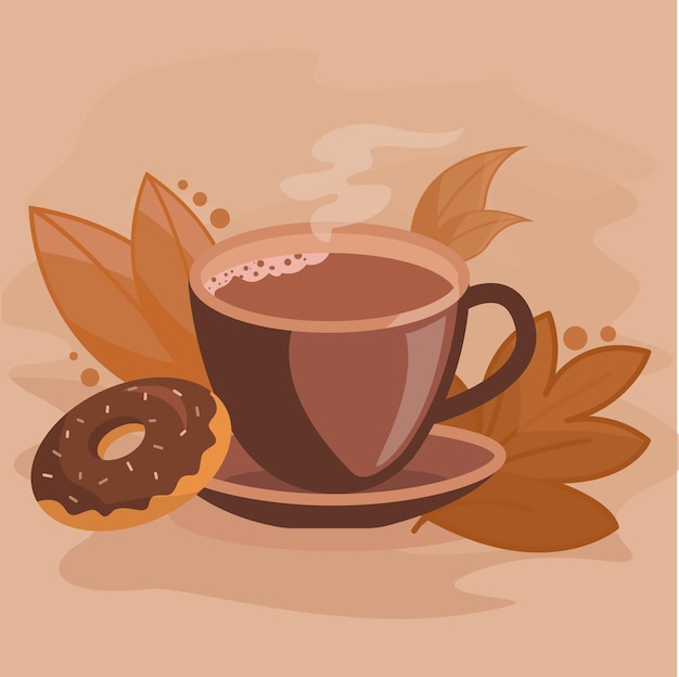 Caffè caldo autunnale vettoriale con illustrazione delle foglie autunnali della ciambella