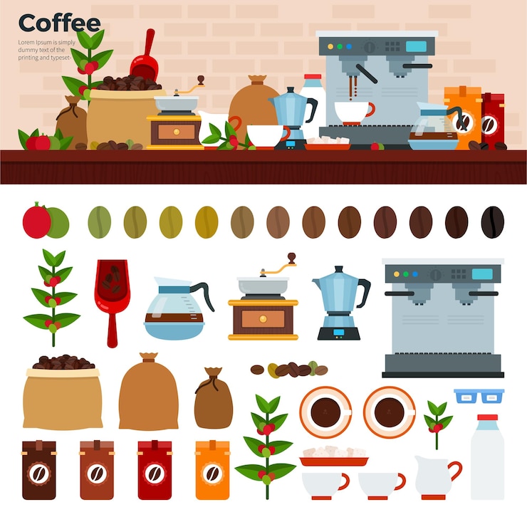 Vettore caffè con macchinetta del caffè tazzine semi e roba da caffè tazze semi pentole percolatore