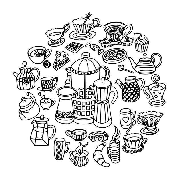 Caffe', tè e dolci Doodles set circle composition Vector illustration